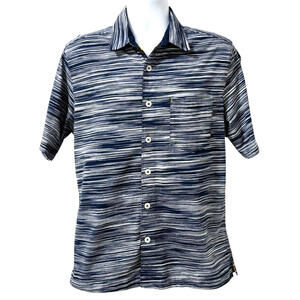 32 Bar Blues Shirt Mens Large Navy Blue Striped Short Sleeve Woven Button Up